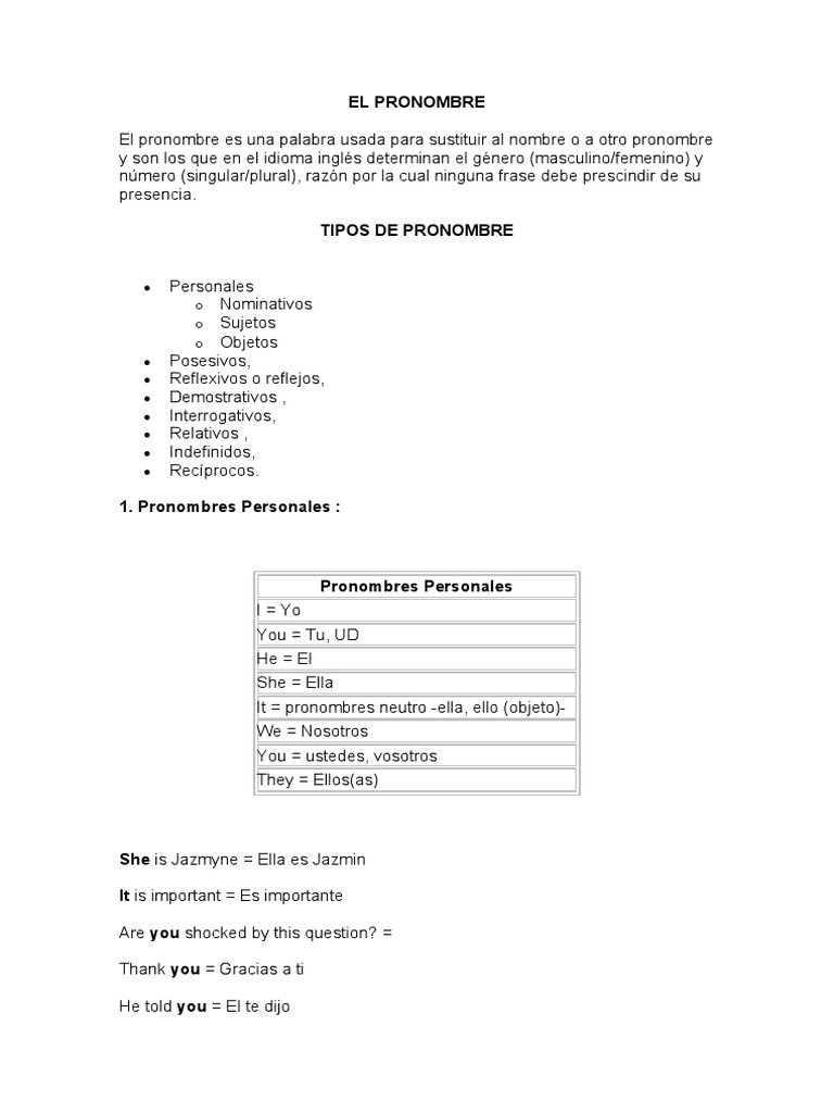Tipos de Pronombres en Inglés | PDF | Género gramatical | Pronombre