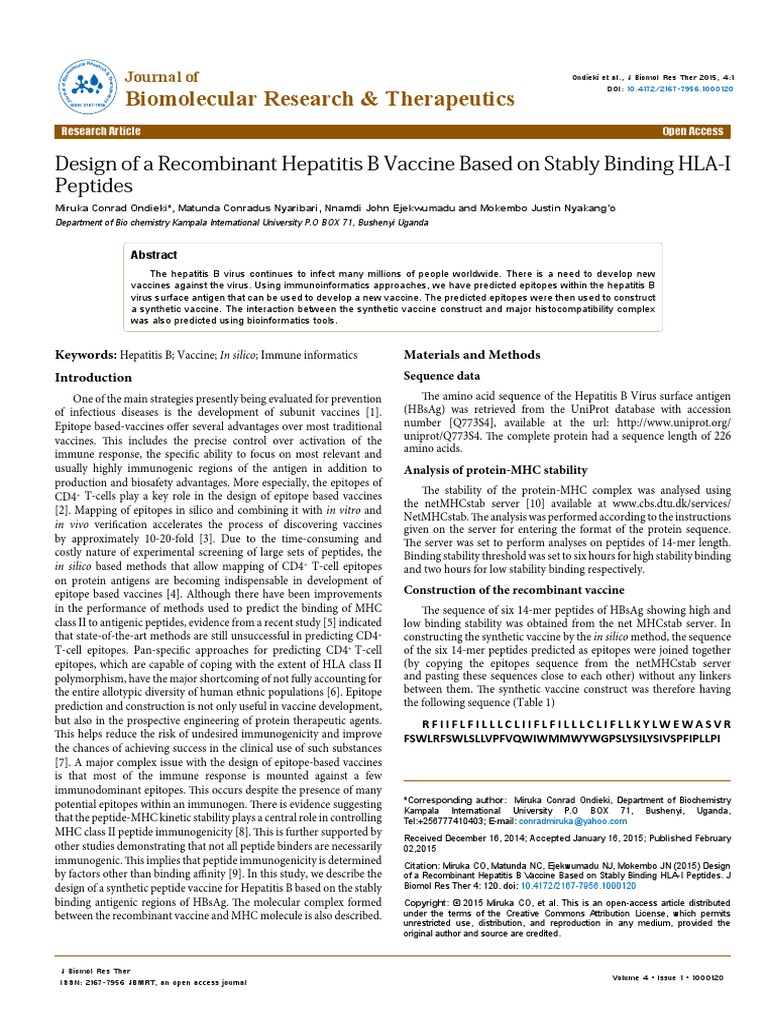Design of A Recombinant Hepatitis B Vaccine Based On Stably Binding ...