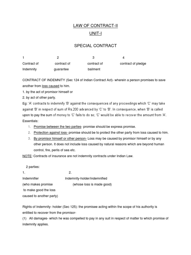 Special Contracts: An Overview of Contracts of Indemnity, Guarantee ...