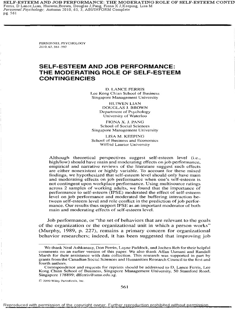 Self Esteem and Job Performance - The Moderating Role of Self Esteem ...