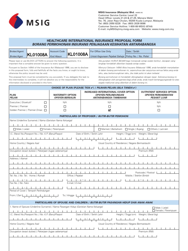 MSIG Malaysia Healthcare International Insurance Proposal Form | PDF