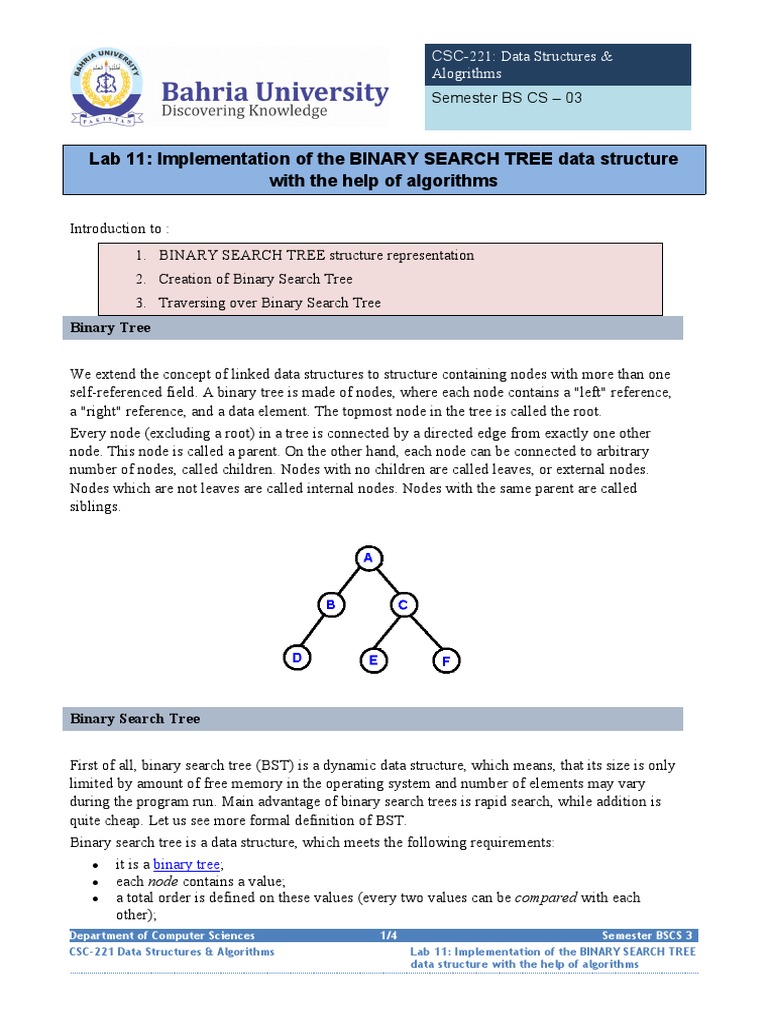 Lab 11: Implementation of The BINARY SEARCH TREE Data Structure With ... image.