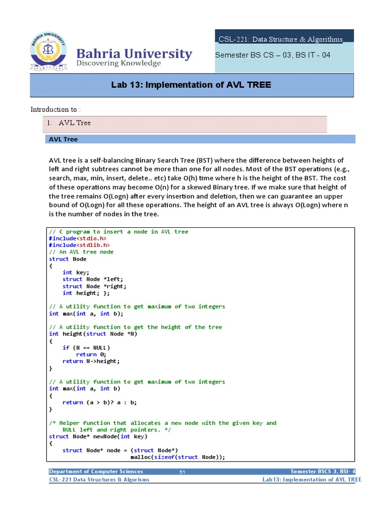 Lab 13: Implementation of AVL TREE | PDF | Algorithms And Data ...