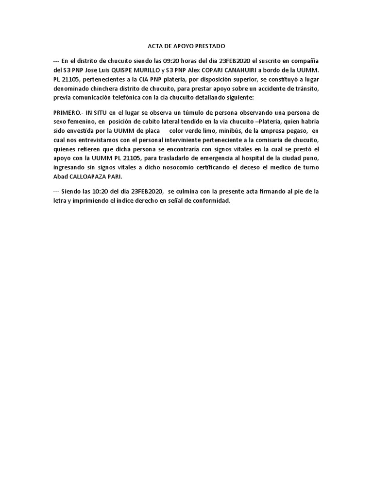 Acta de Apoyo Prestado | PDF