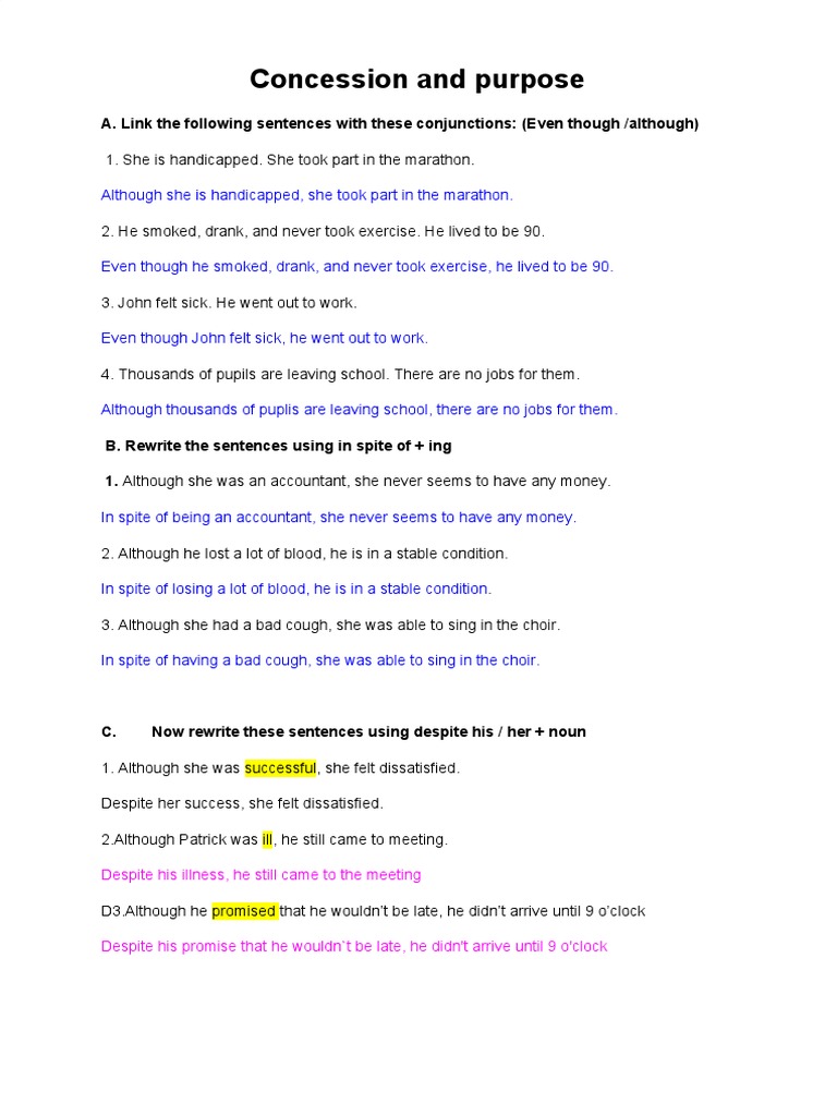 Concession and Purpose Sentence Exercises | PDF | Language Arts ...