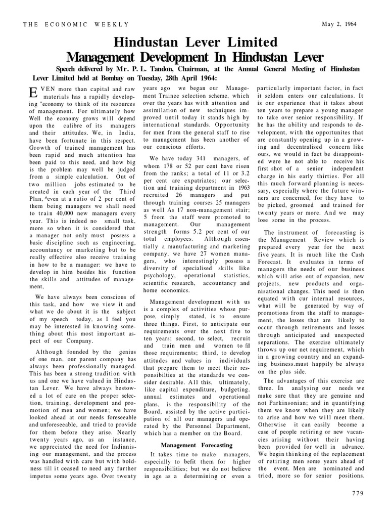 Hindustan Lever Limitedmanagement Development in Hindustan Lever PDF