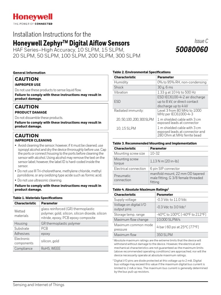 Honeywell Sensing Zephyr Digital Airflow 10 SLPM 300 SLPM Installation Instructions 50080060 C