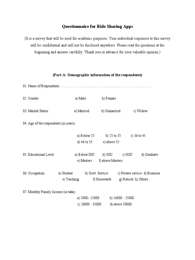 Questionnaire For Ride Sharing Apps PDF Questionnaire Business