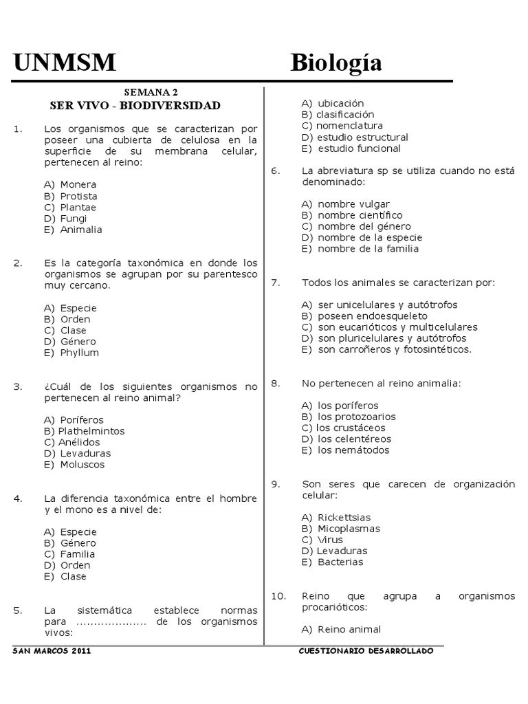 2 SEMANA Bio Preguntas | PDF | Taxa | Eucariotas