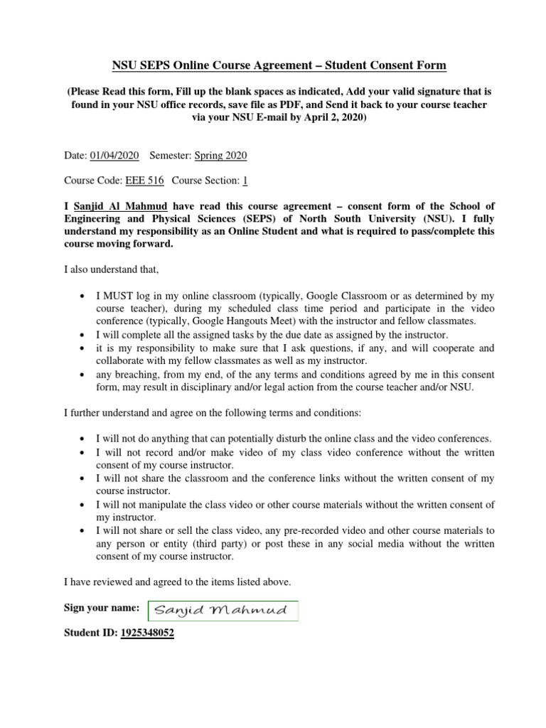 NSU SEPS Online Course Agreement - Student Consent Form | PDF