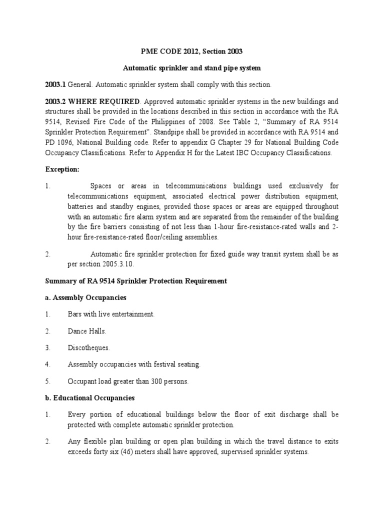Fire Code Summary Me Law | PDF | Fire Sprinkler System | Fire Safety