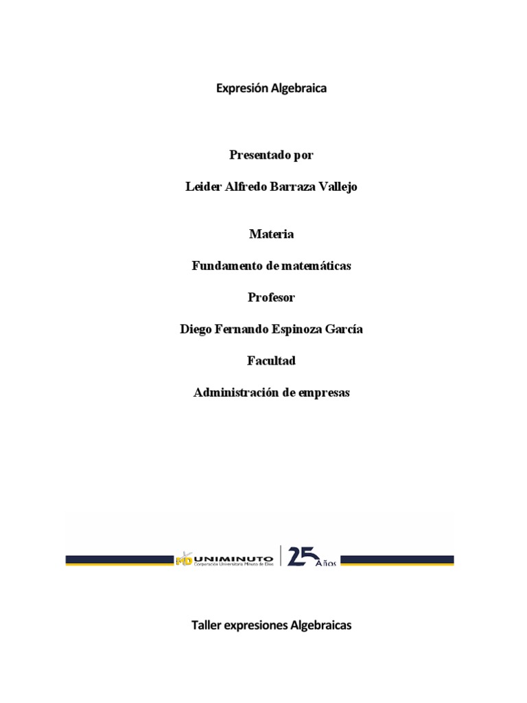 Taller Expresiones Algebraicas | PDF | Enseñanza de matemática | Naturaleza