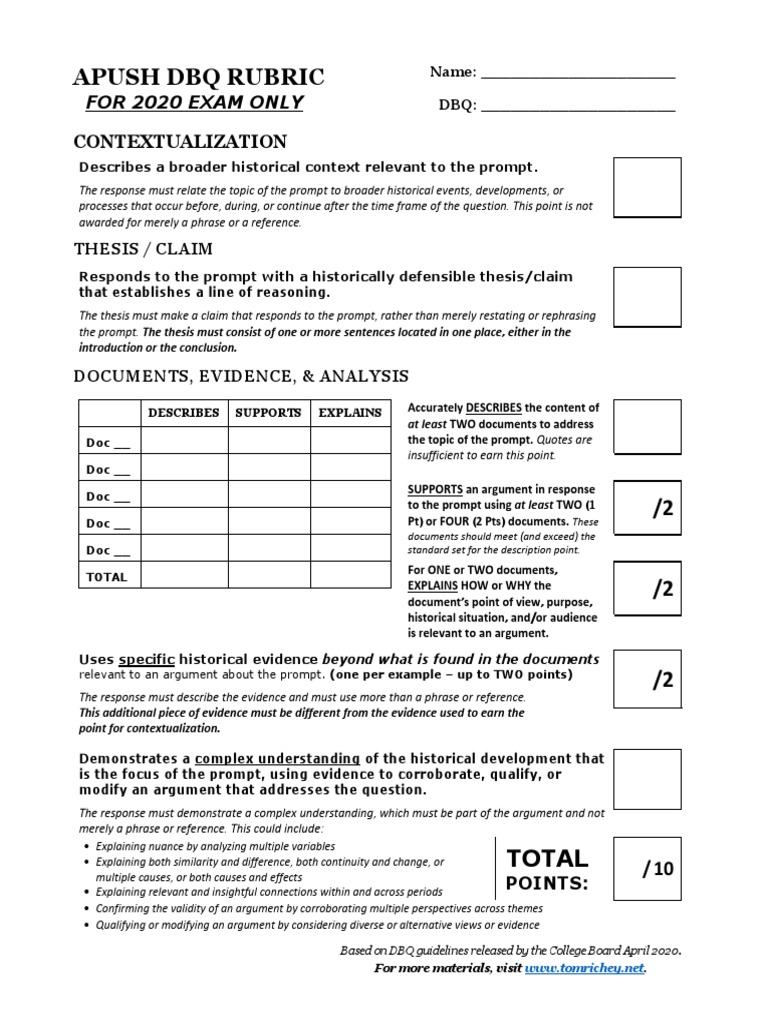 Apush DBQ Rubric Contextualization PDF Argument Evidence