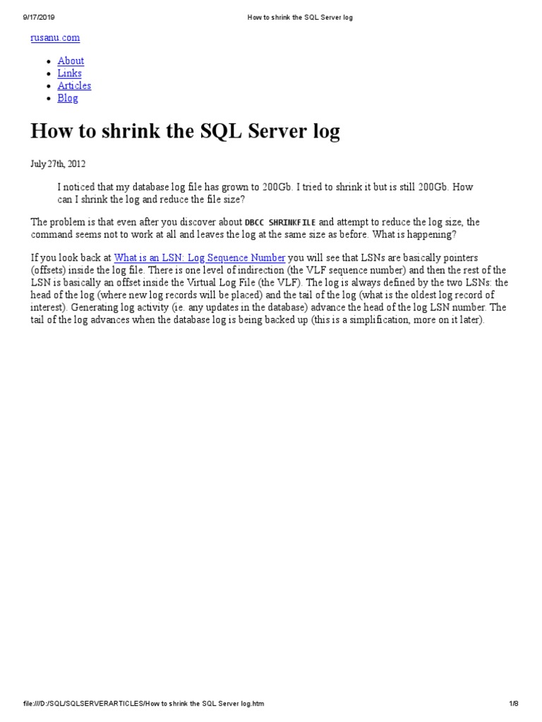 How To Shrink The SQL Server Log PDF Database Transaction Backup