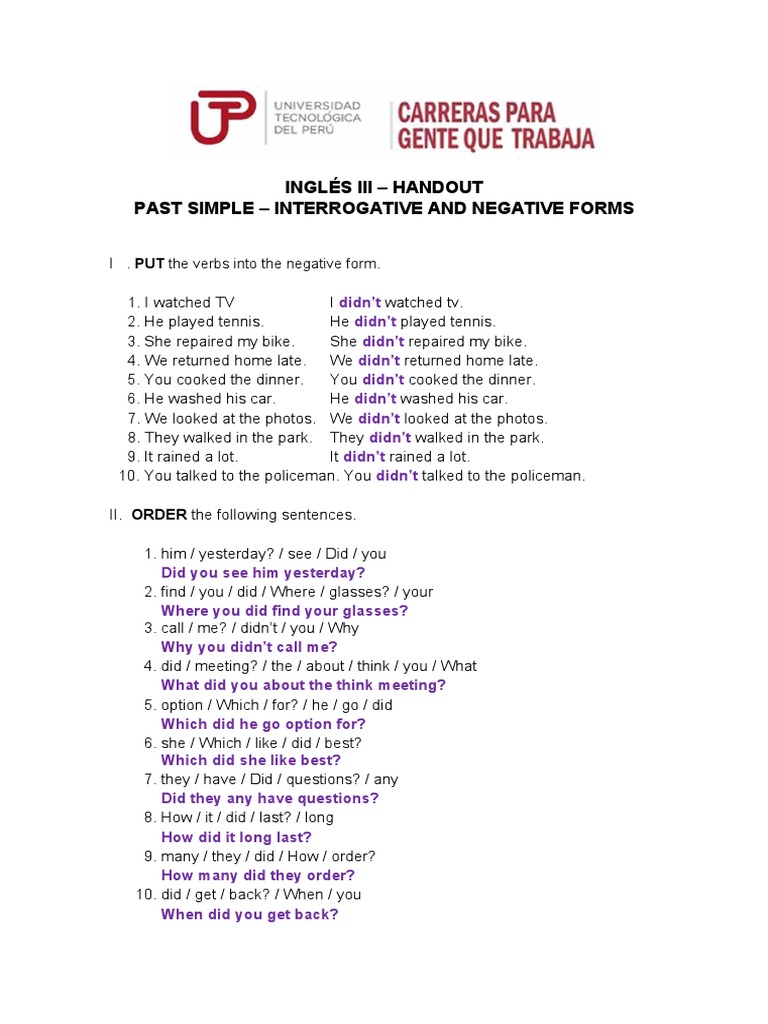 Past Simple Interrogative & Negative Forms | PDF | Language Mechanics ...