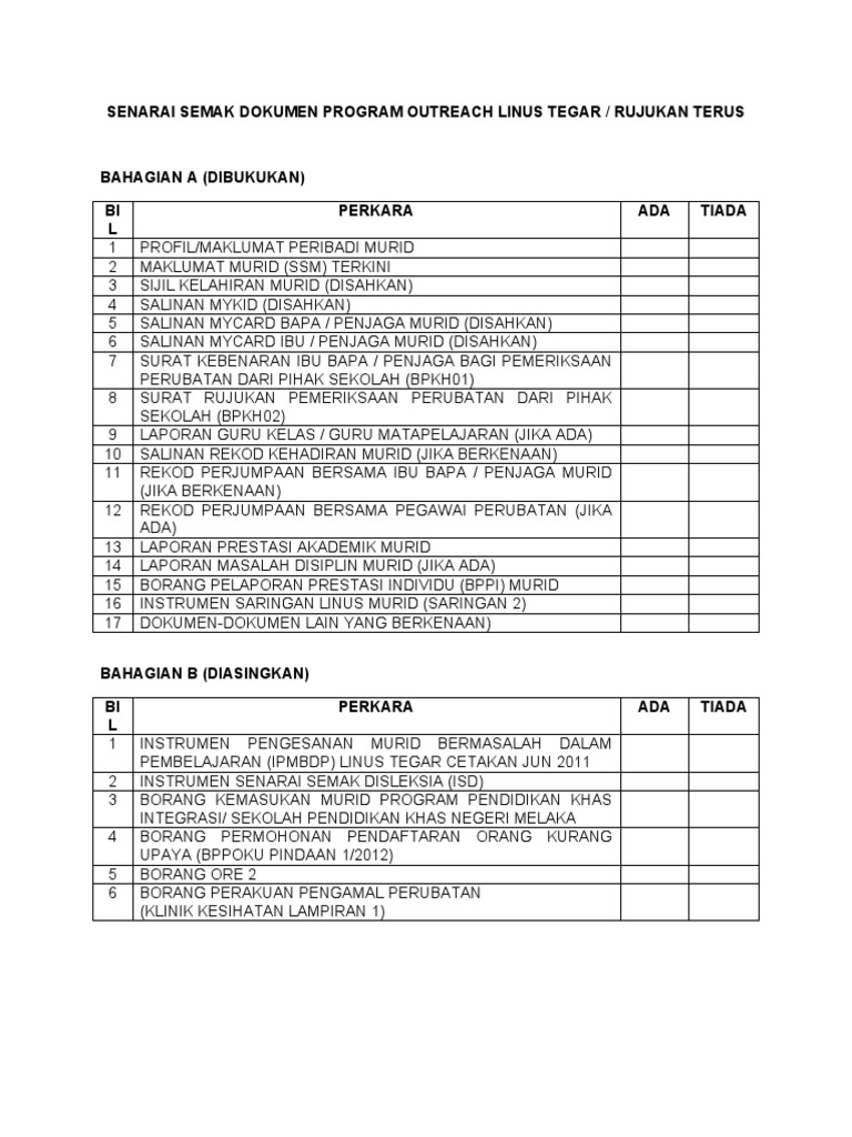 Senarai Semak Dokumen Program Outreach Linus Tegar Pdf