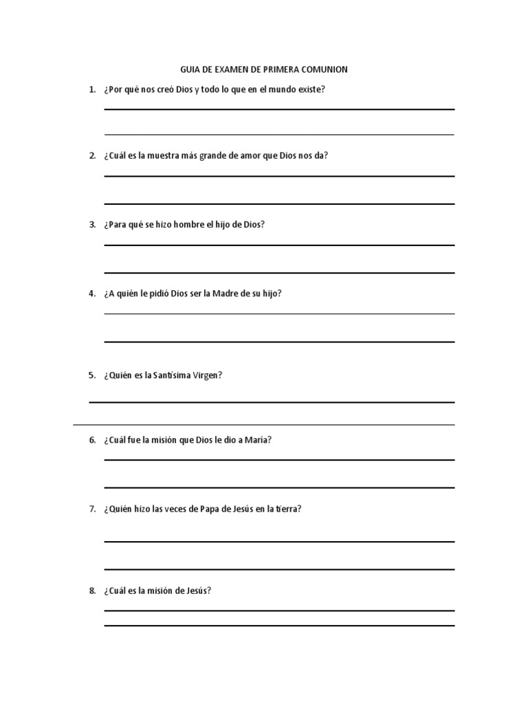 Guia de Examen de Primera Comunion PDF eucaristía Sacramentos