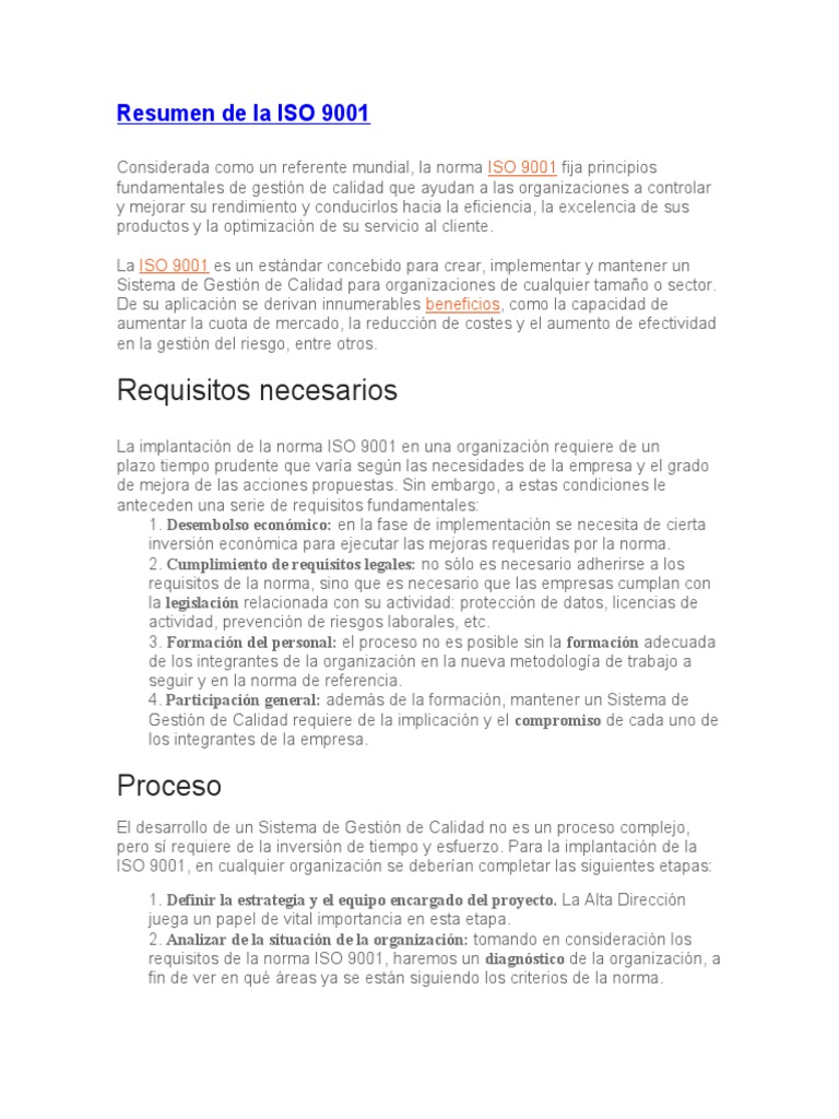 ISO 9001 Resumen | PDF | Sistema de manejo de calidad | Calidad (comercial)