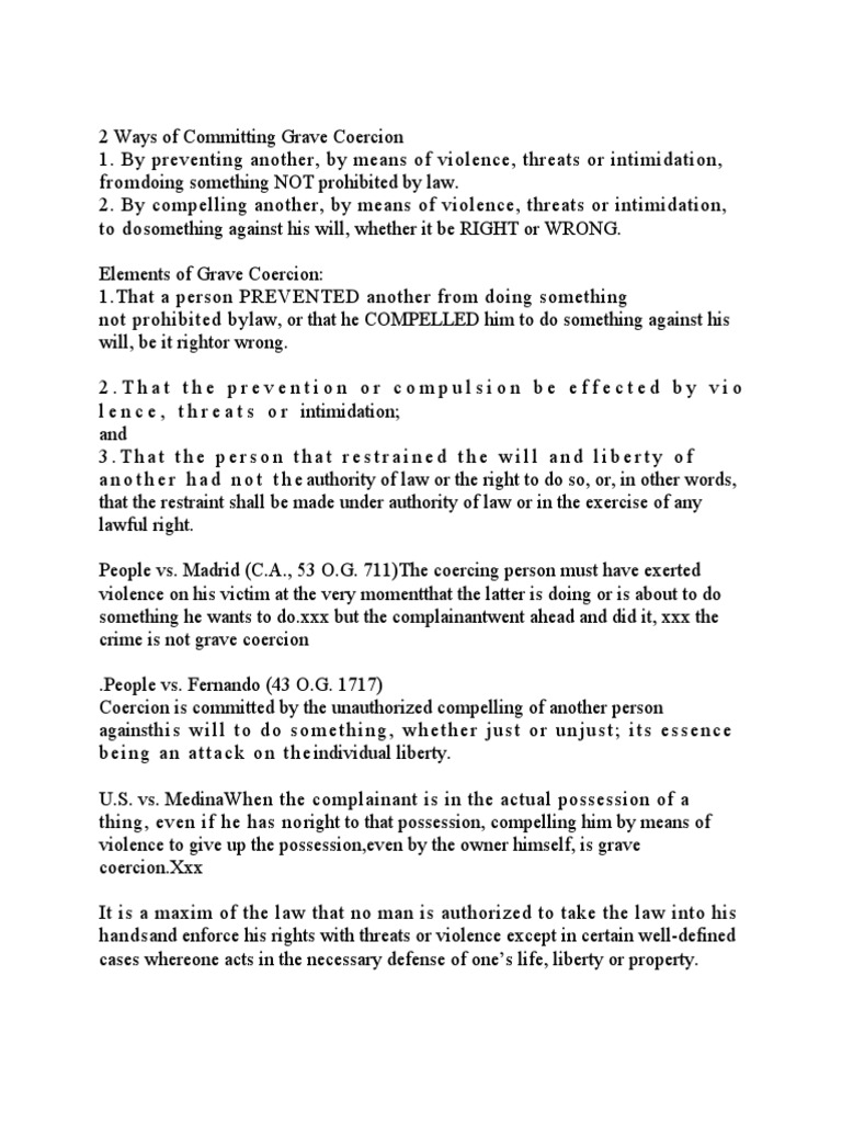 2 Ways of Committing Grave Coercion PDF Coercion Public Law