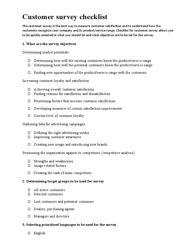 Essential Customer Survey Checklist | PDF | Customer Satisfaction ...