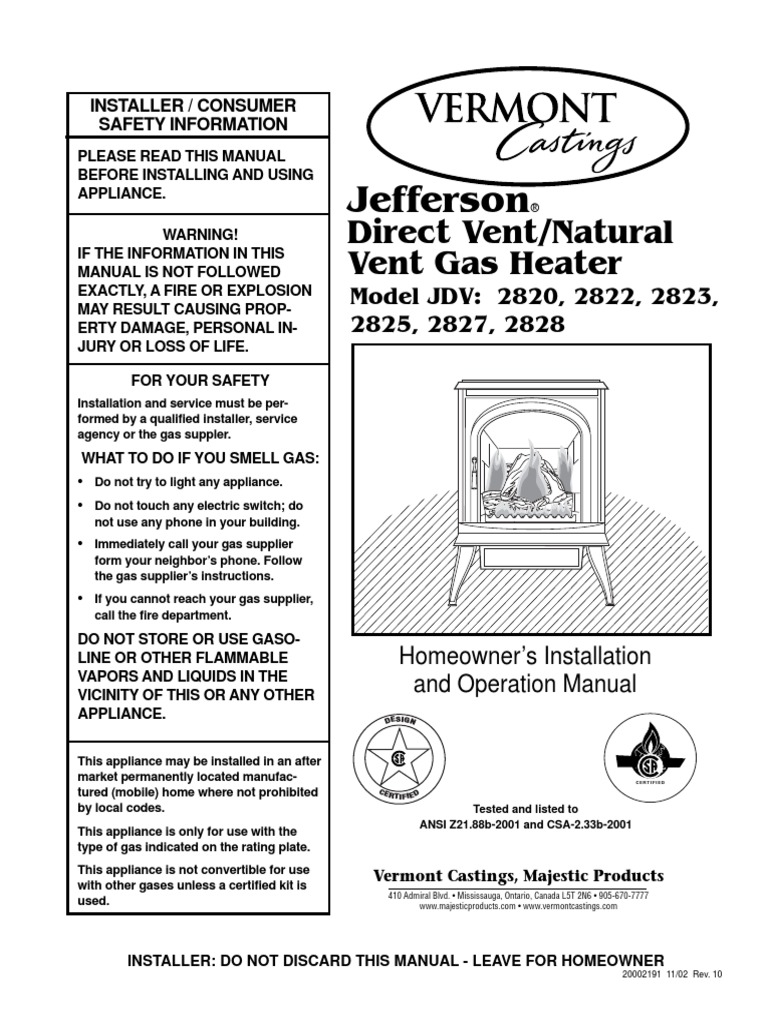Jefferson Direct Vent/Natural Vent Gas Heater PDF Stove Chimney