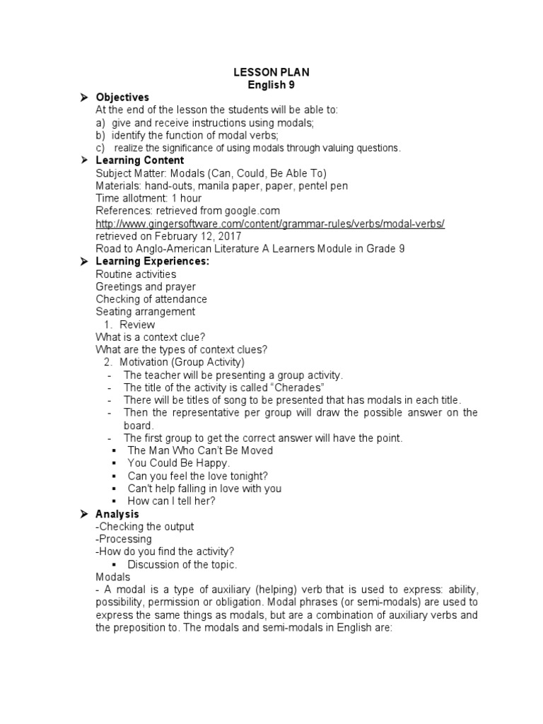 Teaching Modal Verbs: Lesson Plan | PDF | Cognitive Science | Syntax