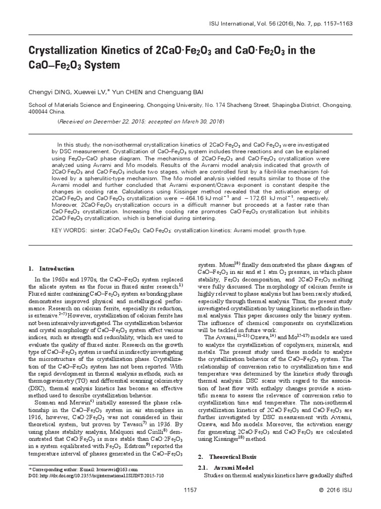 Crystallization Kinetics of 2CaO Fe2O3 and CaO Fe2O3 in The CaO-Fe2O3 ...