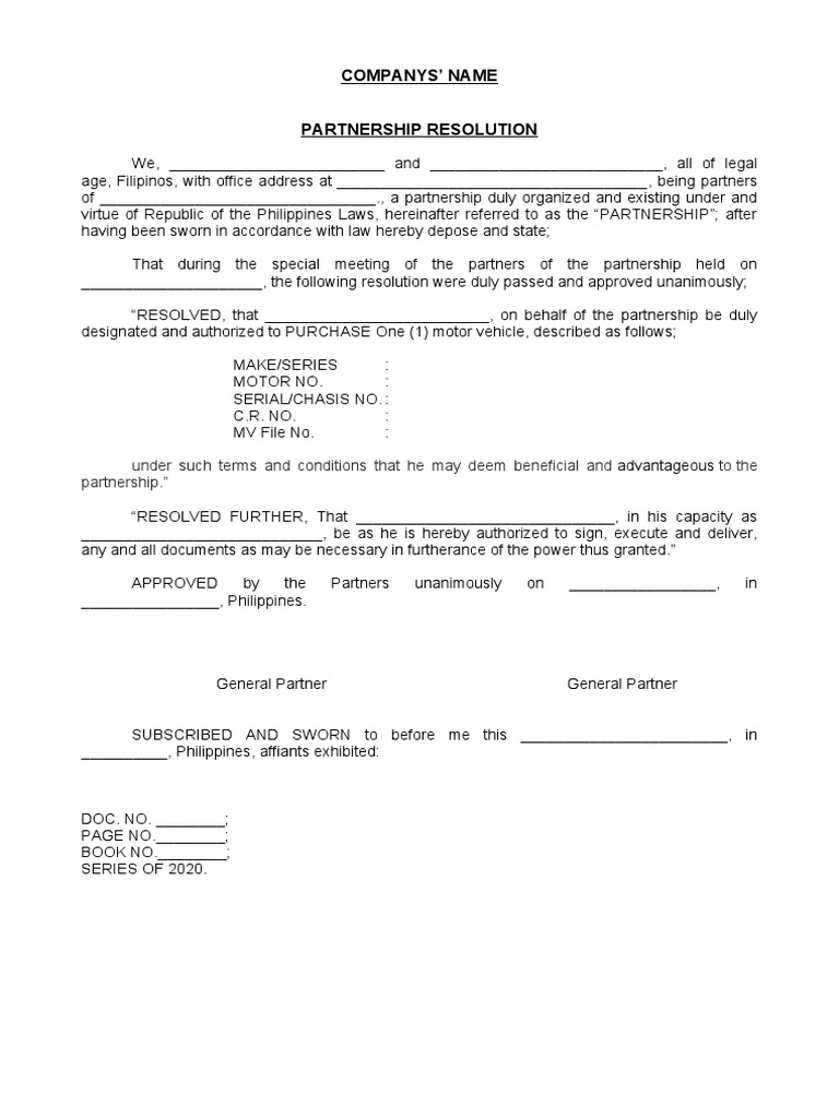 Partnership Resolution for Vehicle Purchase | PDF