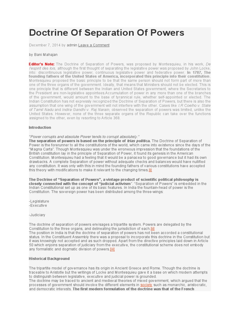 Doctrine of Separation of Powers Iv | PDF | Separation Of Powers ...
