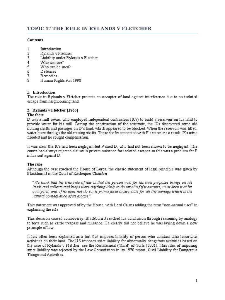 Tort Law - Ryland V Fletcher Lecture Notes | PDF | Civil Law (Legal ...