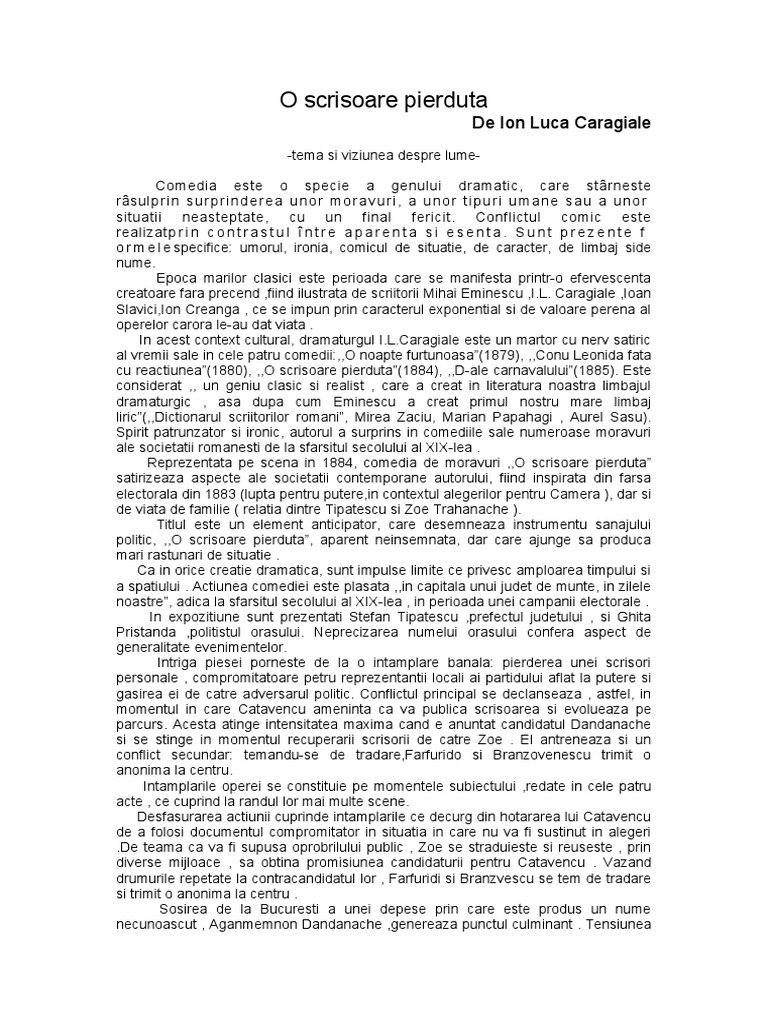O Scrisoare Pierduta Modul Din Care Se Reflecta O Tema O Scrisoare Pierduta | PDF