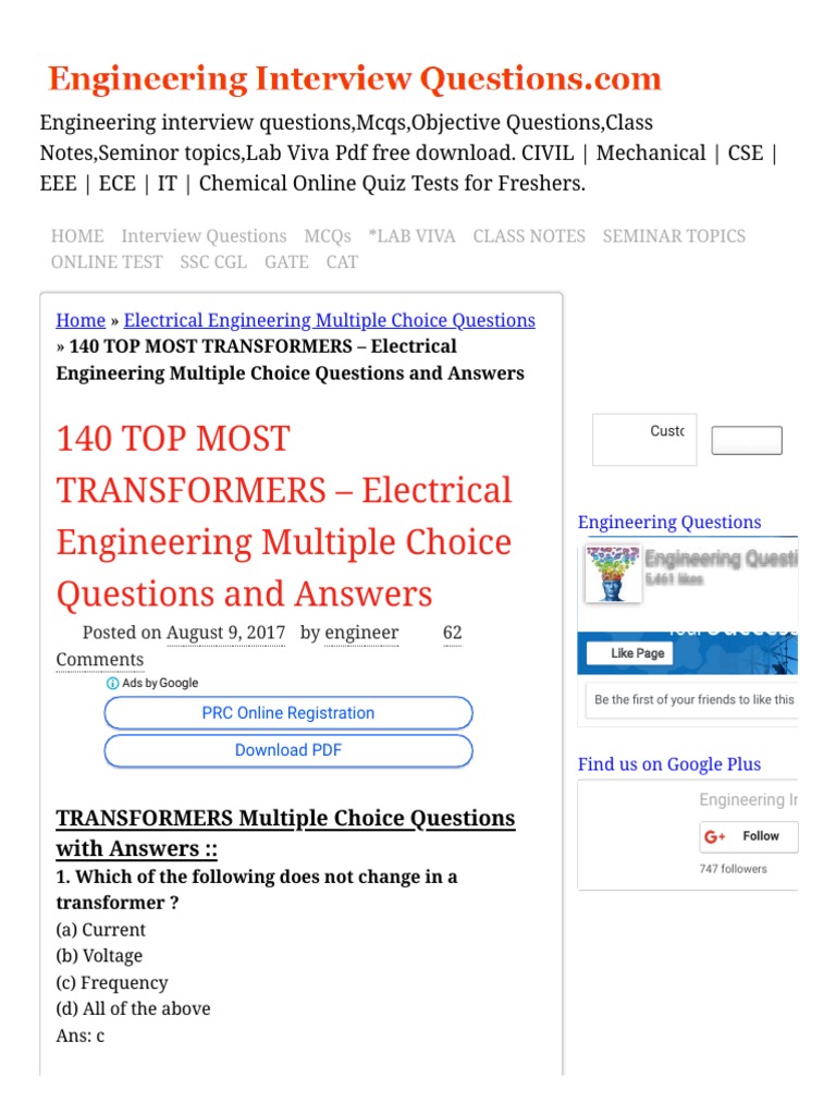 Transformer MCQs for Electrical Engineers | PDF | Transformer ...