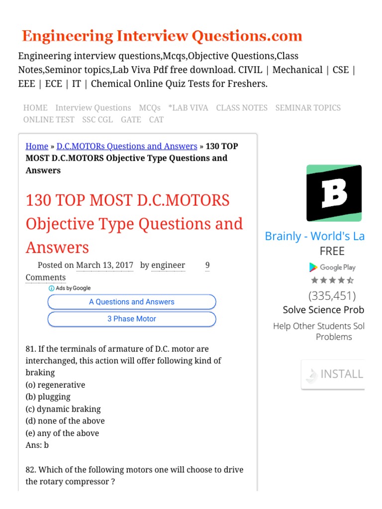 130 TOP MOST D.C.MOTORS Objective Type Questions and Answers D.C.MOTORs