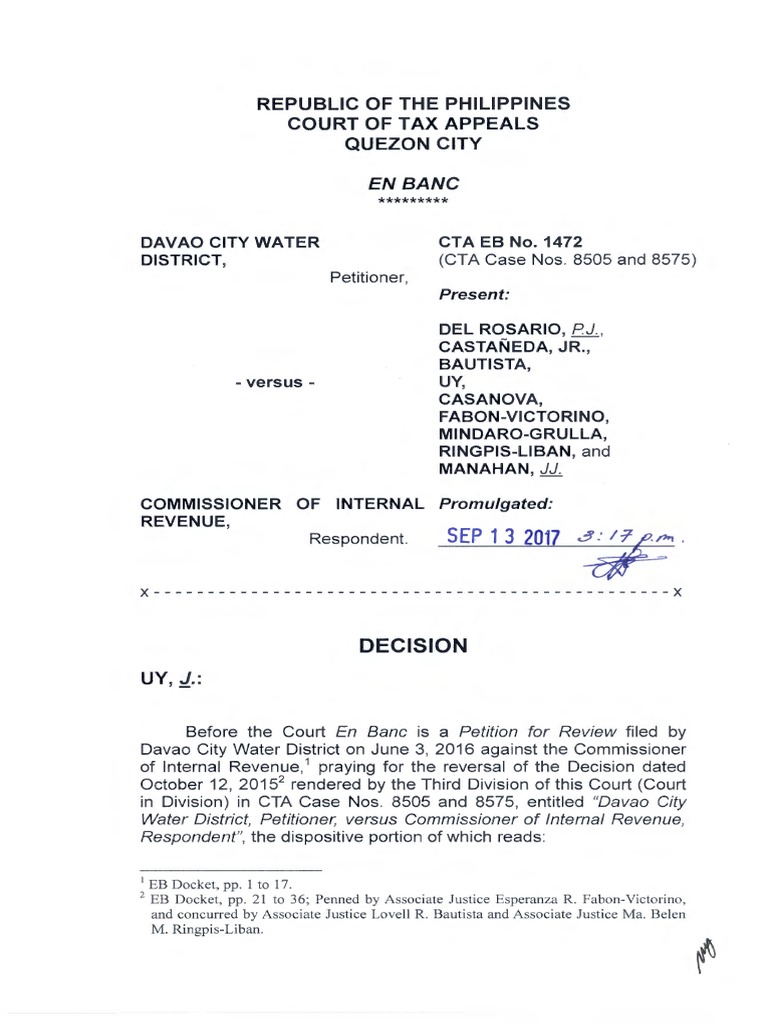 Republic of Philippines Court of Tax Appeals Quezon Davao City Water