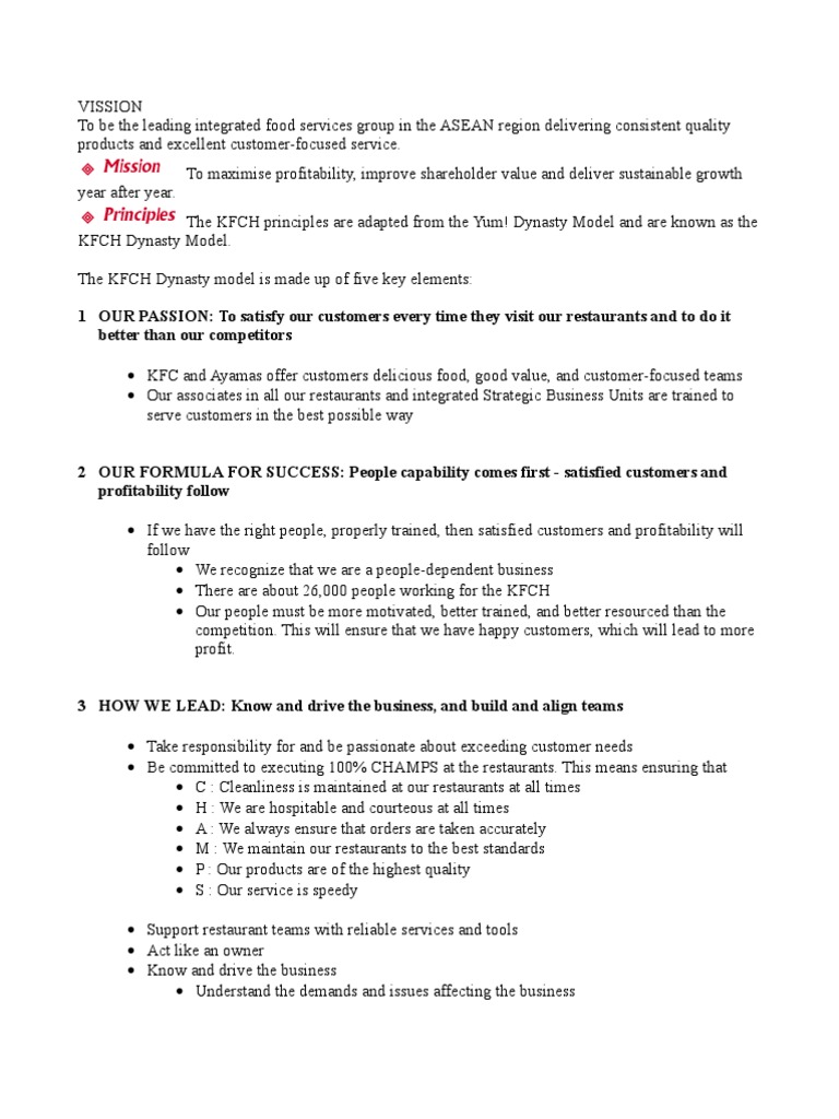 Vission Mission of Kfc.. Fast Food Restaurants Brand