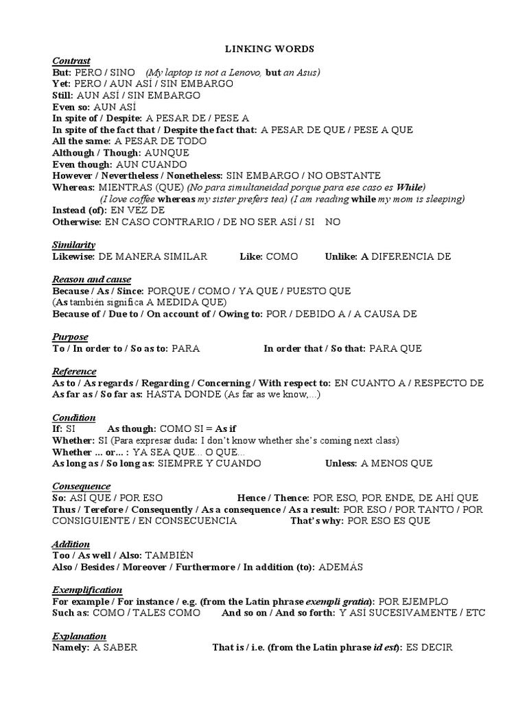 Linking Words in English and Spanish | PDF | Language Arts & Discipline