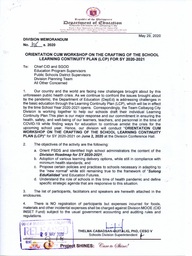 Memo Division Basic Education Continuity Plan PDF Learning