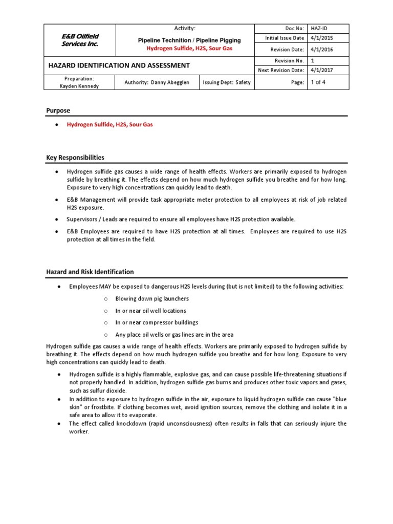 H2S Hazard Assessment for Pipeline Work | PDF | Personal Protective ...
