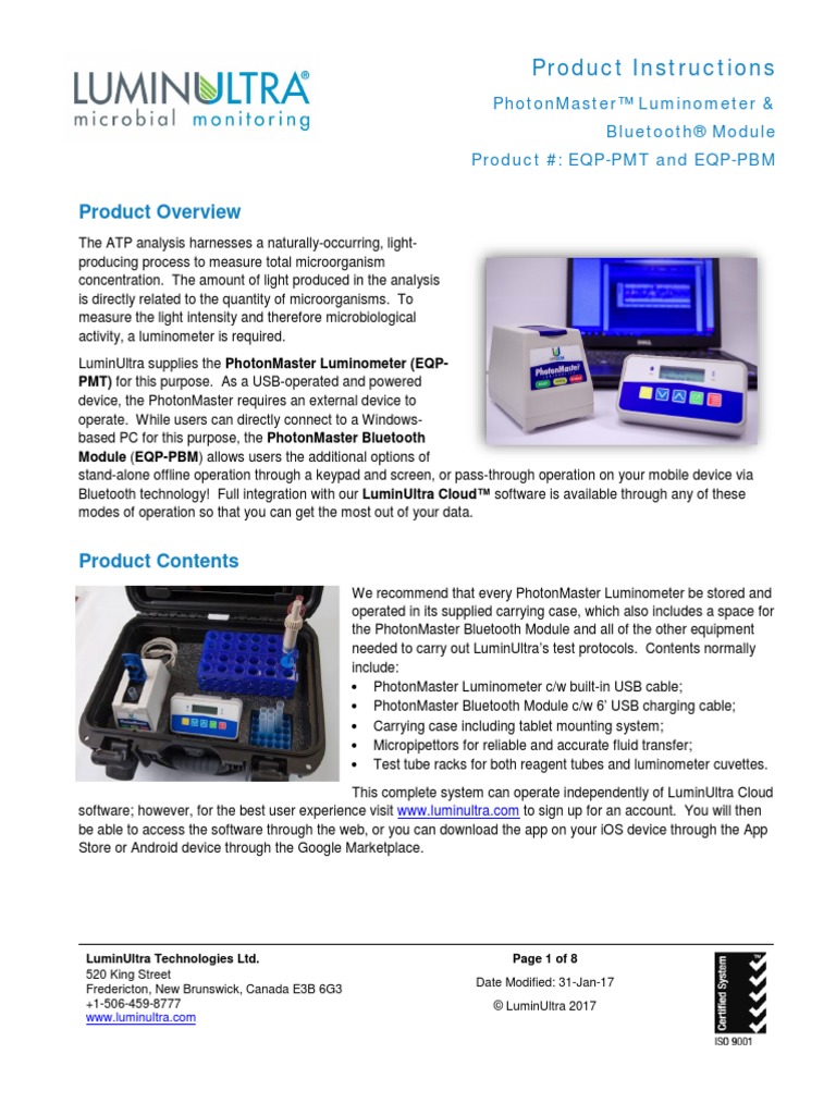 LuminUltra PhotonMaster Luminometer PBM Product Instructions 2017 PDF Battery Charger Usb