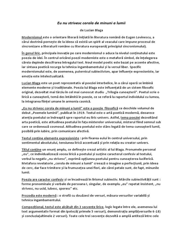 Eu Nu Strivesc Corola de Minuni A Lumii | PDF