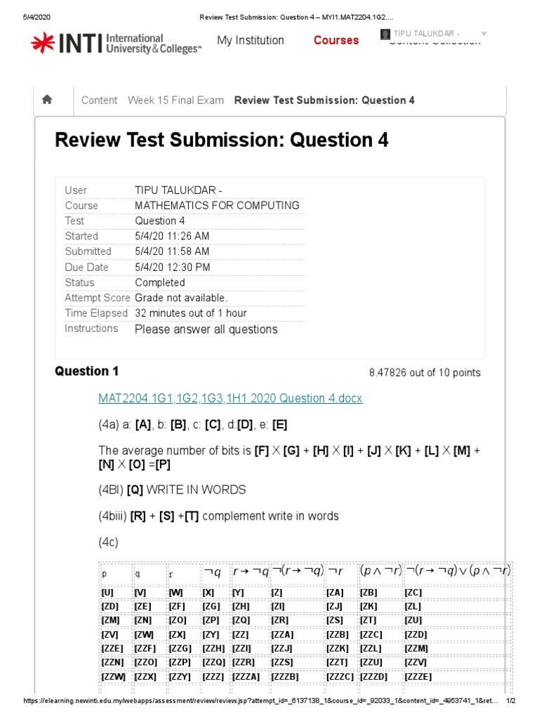 Review of MAT2204 Question 4 Submission | PDF | Tests | Data Collection
