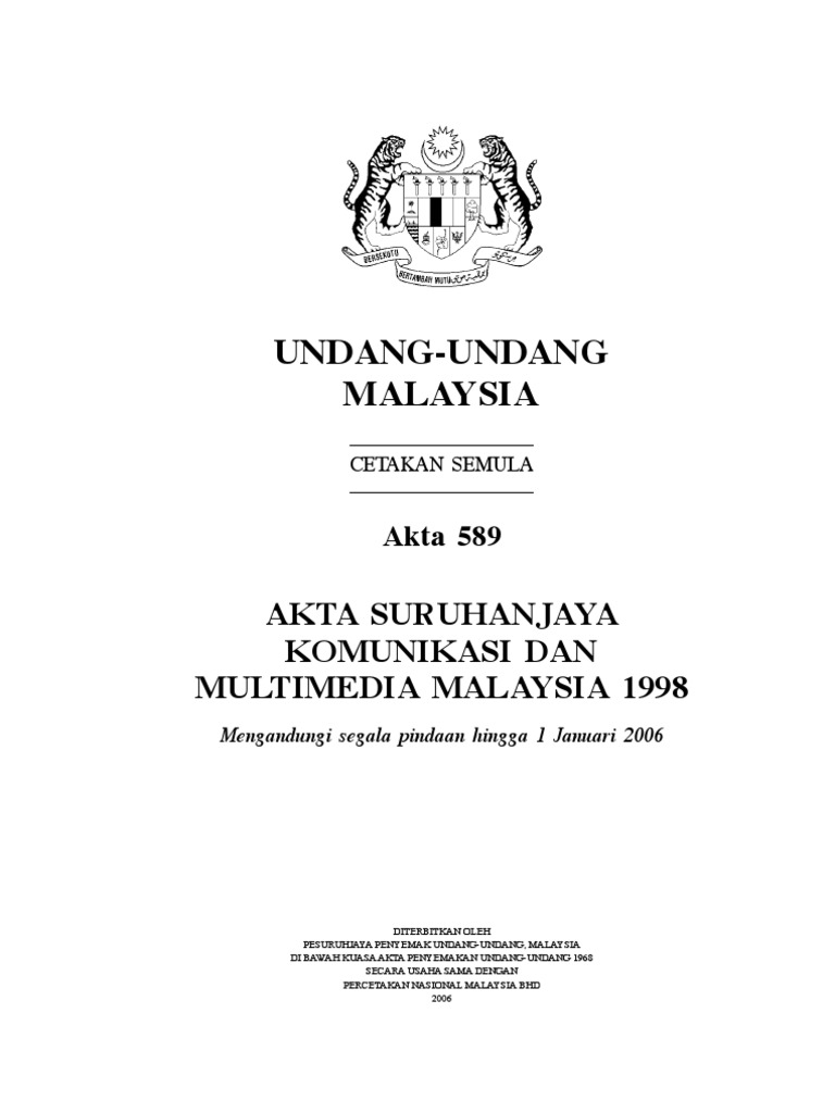 Akta Suruhanjjaya Komunikasi Dan Multimedia 1998 Akta 589 Pdf