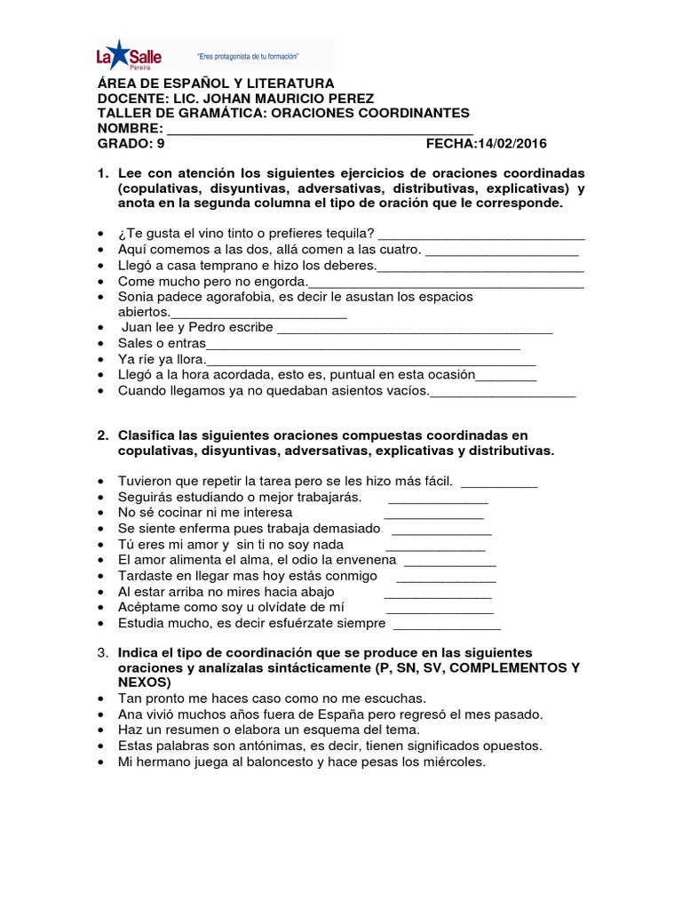 Ejercicios de Oraciones Coordinadas | PDF | Oración (Lingüística)