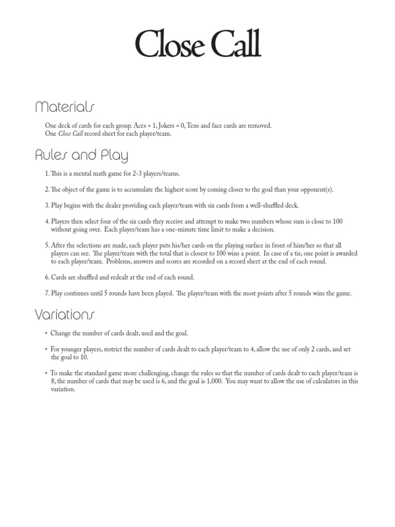 Math Card Game Close Call Playing Cards Tabletop Games
