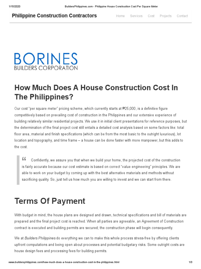 Philippine House Construction Cost Per Square Meter PDF Economies Business