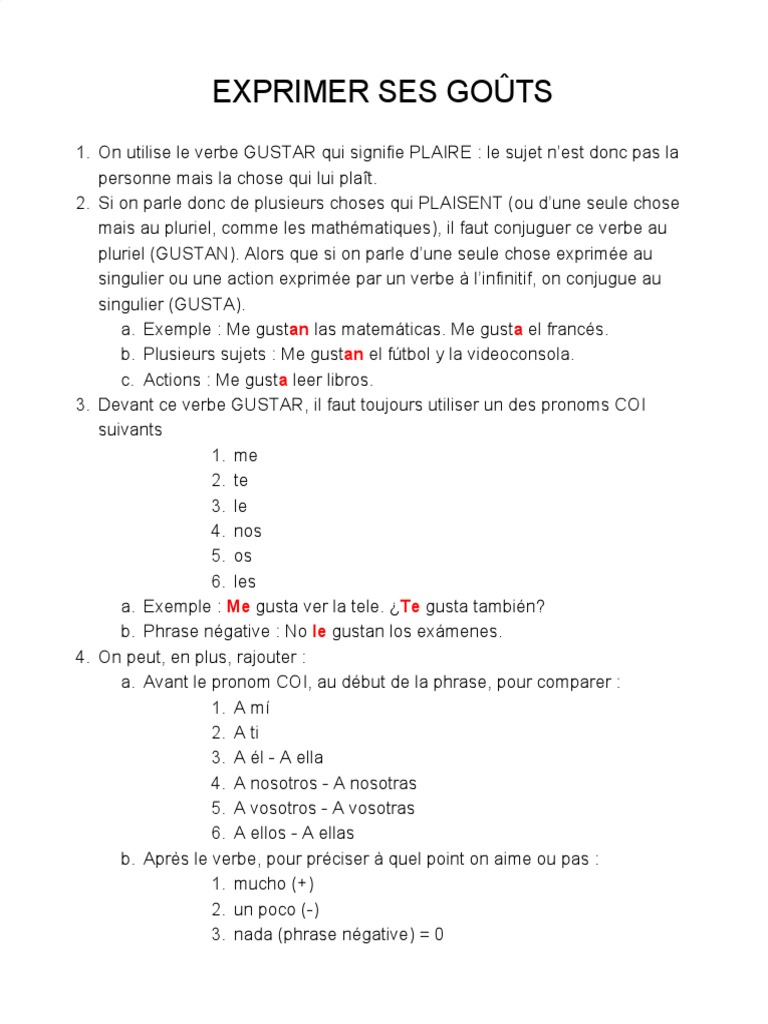 Conjugaison Du Verbe Gustar En Espagnol Le Verbe GUSTAR Et Les Tournures Affectives en Espagnol | PDF | Nombre  grammatical | Verbe