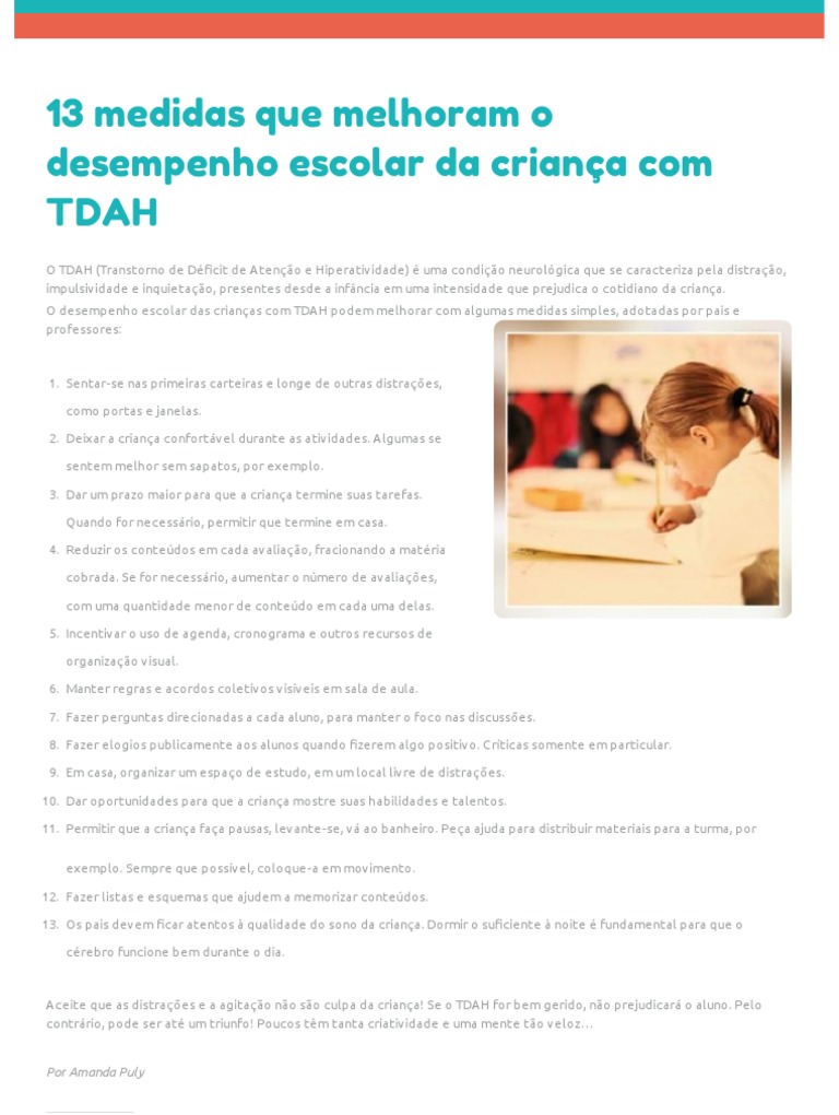 Medidas para Melhorar Desempenho Escolar TDAH | PDF | Transtorno de ...