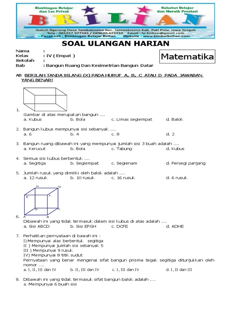 Soal Matematika Kelas 4 Sd Bab 10 Bangun Ruang Dan Kunci Jawaban Pdf