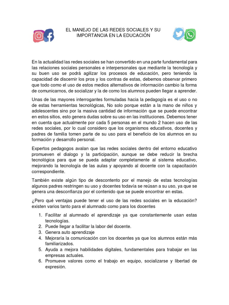 El Manejo de Las Redes Sociales y Su Importancia en La Educación PDF ...