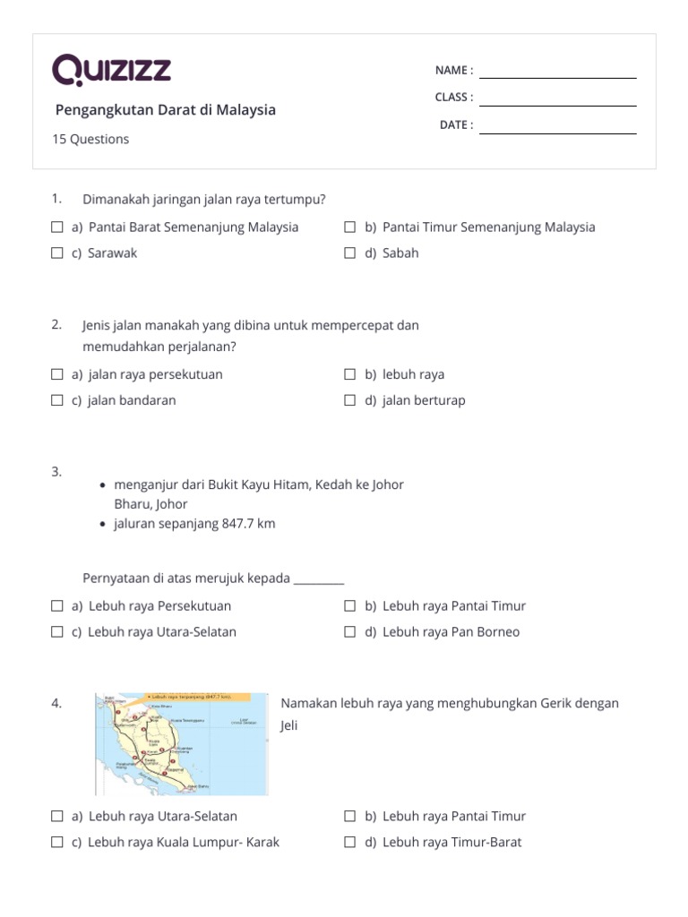 Pengangkutan Darat Di Malaysia - Print - Quizizz  PDF